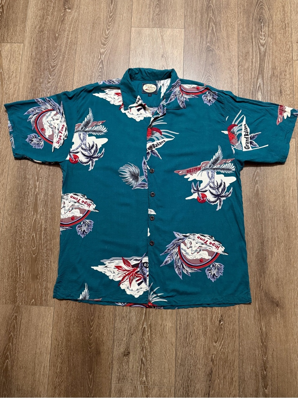 Tommy Bahama Teal Short-Sleeve Camp Shirt with Floral and Graphic Print